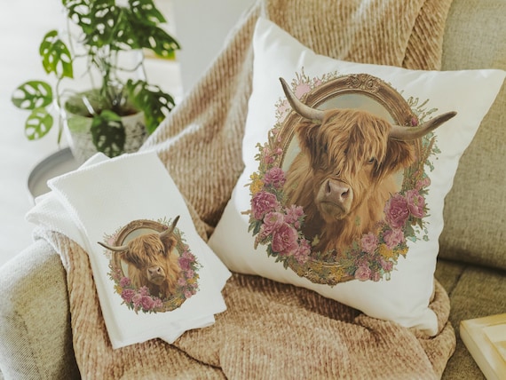 shaggy cow pillow cover 18x18 fall style gift, highland cow kitchen decor, floral cow kitchen towels, fall host gift, cute cow gifts for cow