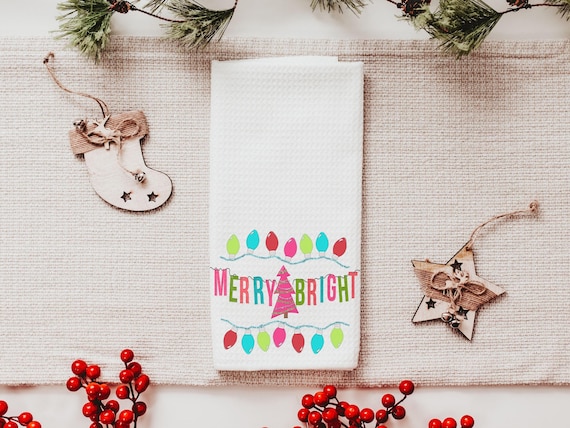 merry and bright Christmas kitchen towels for gifts, colorful Christmas hand towels for bathroom, stocking stuffers for her, pink Christmas
