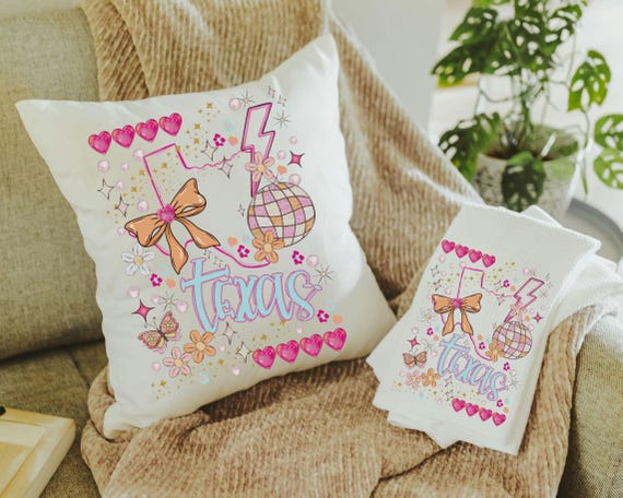 custom Texas throw pillow for bed, Texas gifts, coquette kitchen towels, cute Texas college care package for her, pink preppy pillows for