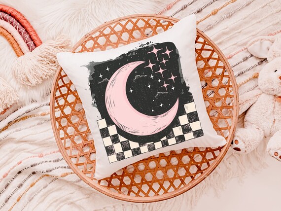blush pink crescent moon throw pillow for kids room, outer space nursery decor, spacecore reading nook pillow for girls, college dorm decor