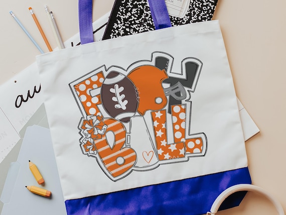 cute football tote bag for football mom, orange school spirit accessories for teachers, cheerleader bag for teenage girls, tailgate gear