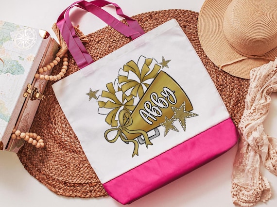 personalized cheer tote bag with name, gold school spirit items, stocking stuffers for teenage girls Christmas gifts for cheerleaders, best