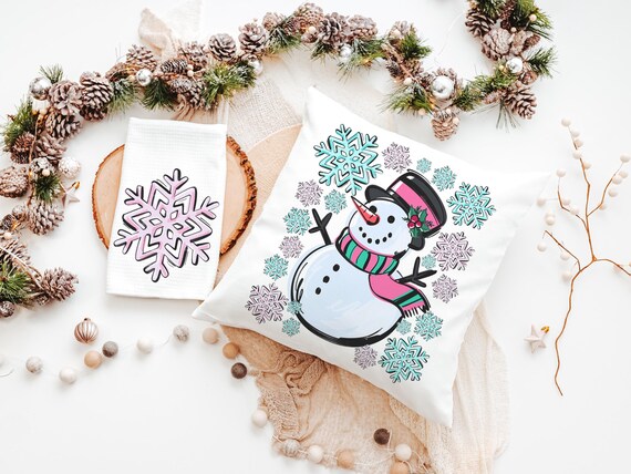 cute snowman throw pillow covers 18x18, pale pink snowflake kitchen towels, girly Christmas gifts for adult daughter, aqua Christmas decor