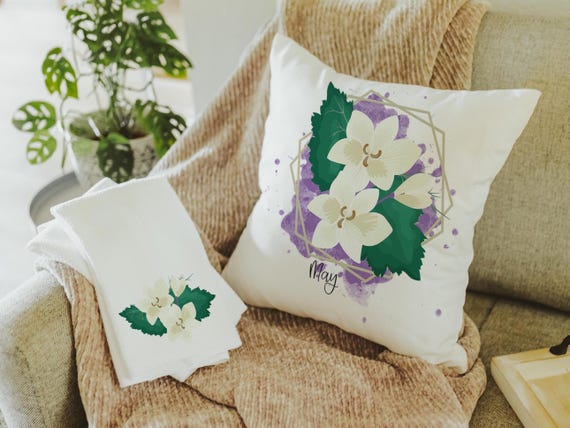 custom May birth flower throw pillow for sofa, Lily of the Valley kitchen towel, May birthday gifts for her, botanical throw pillow covers