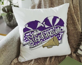 personalized purple cheer throw pillow with name, school spirit pom pom name pillow cover for teen girls, cheerleader gifts for girls, best