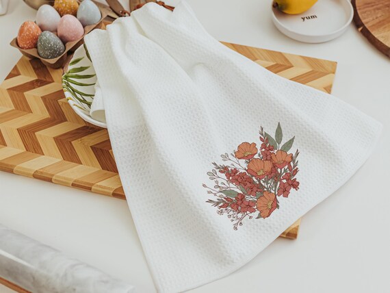 red poppy & gladiolus flower kitchen towel, August birthday gift for daughters, August birth month flower gifts for her, muted floral hand