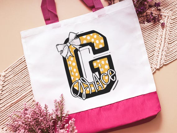 personalized initial tote for girls, yellow coquette tote bags with name, teenage girl gifts, trending Christmas gifts for cheerleaders