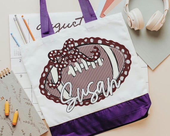 personalized seersucker football tote bag for school, maroon school spirit bag with name, senior gifts for cheerleaders, football cheer mom