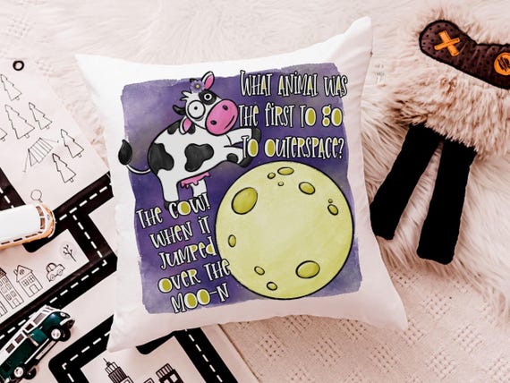 funny cow throw pillow for kids, nursery rhyme nursery decor, reading nook pillow, cute cow gifts for cow lovers, cow jumped over the moon