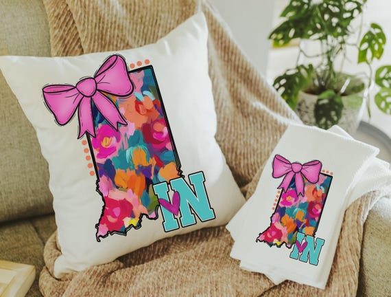 Indiana pillow for dorm room, watercolor floral throw pillow pink coquette bow kitchen towels for gifts, Bloomington Indiana gifts, college