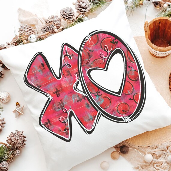 xo throw pillows for bed, red Valentines throw pillow covers 18x18, cute Valentines gifts for couple, hugs and kisses Valentines home decor