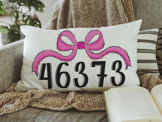 personalized ballet pink coquette throw pillow for dorm, college gifts for friends, custom zip code pillow, college dorm decor for girls