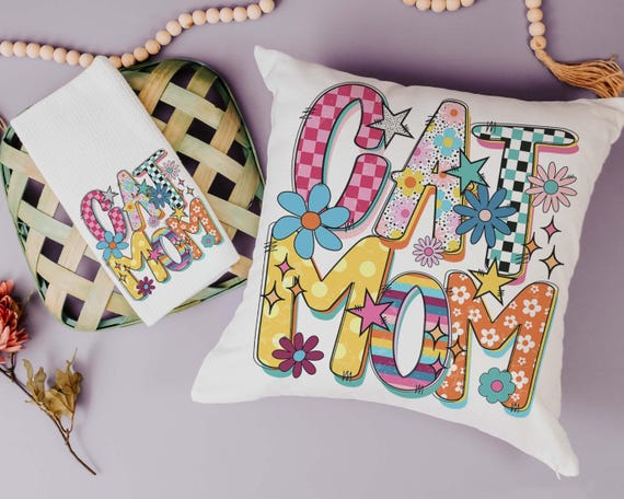 Rainbow cat mom throw pillow & towel