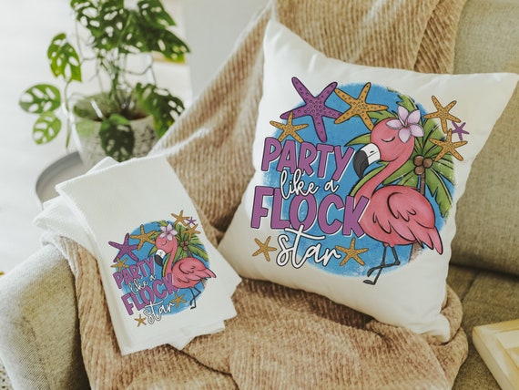 party like a flock star cute flamingo throw pillows funny kitchen towels for mom, tropical decor flamingo gifts for her, whimsical flamingo
