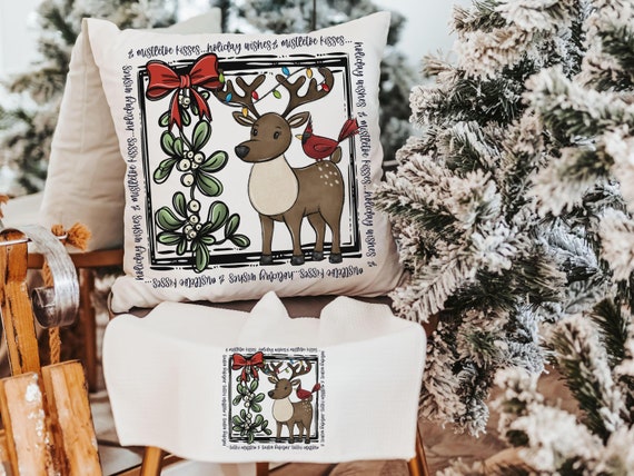 holiday wishes cute reindeer throw pillow for couch, mistletoe kisses Christmas kitchen towels, woodland Christmas hostess gifts for women