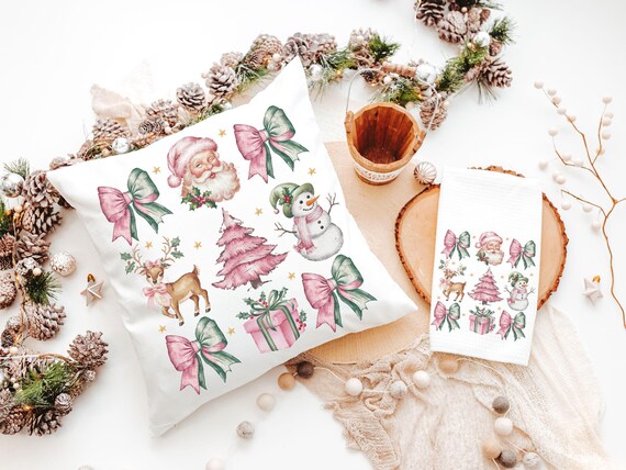 coquette Christmas throw pillows for couch, preppy Christmas kitchen towels for new home, pink reindeer decor, secret Santa gifts for women
