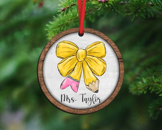 Personalized pencil bow teacher ornament