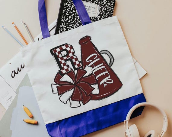 Personalized white and maroon cheer tote bag