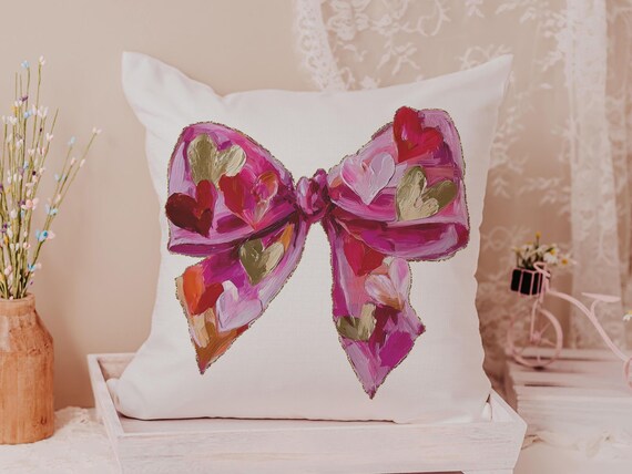 faux painted Valentines bow throw pillows for couch red heart Valentines coquette decorative pillows for girls room, Valentines day gifts