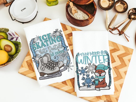 winter woodland hand towels blue Christmas kitchen towels for mom, stocking stuffers for adults, cute Christmas gifts for sister, winter fox