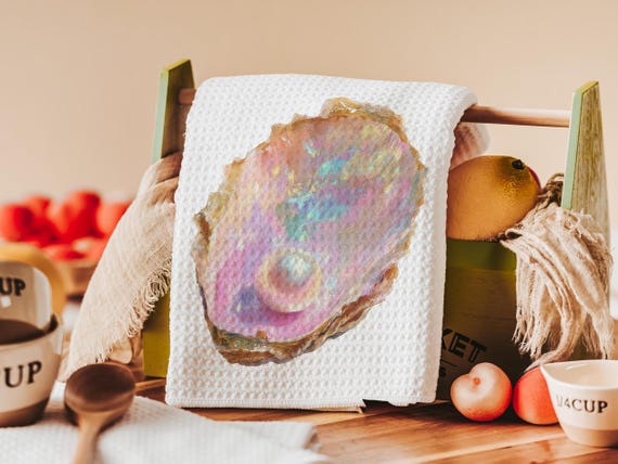 oyster shell hand towels for bathroom beach house gifts, opalite pearl home decor gift kitchen towels for Christmas gifts for beach lovers