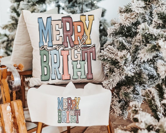 merry and bright cute Christmas throw pillow for sofa, trendy Christmas decor for home, boho Christmas kitchen towel, Christmas gift set new