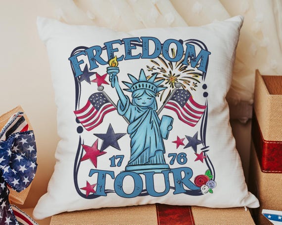 Freedom tour throw pillows for porch, Americana decor with red floral 4th of July home decor, patriotic gifts for women, military gifts