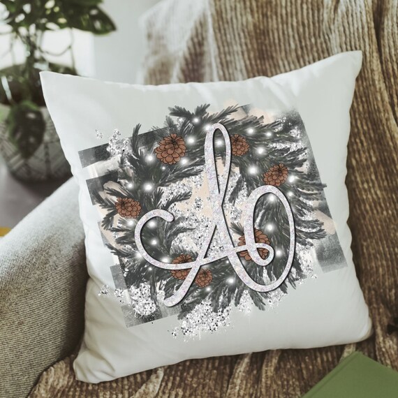 personalized gray buffalo plaid throw pillows for couch, winter wedding gifts for couple, custom initial throw pillow for sofa, Christmas