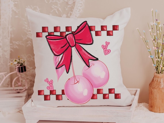 cherry bow Valentines throw pillow for bed, rockabilly decor, cute Valentines gifts for girlfriend, 1950s inspired retro throw pillow covers