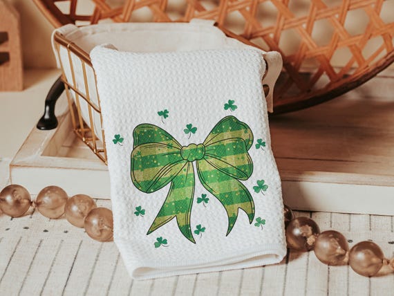 St Patricks day coquette bow hand towel for guest bathroom, green plaid St Pattys day shamrock kitchen towels, Irish gifts for friends, best