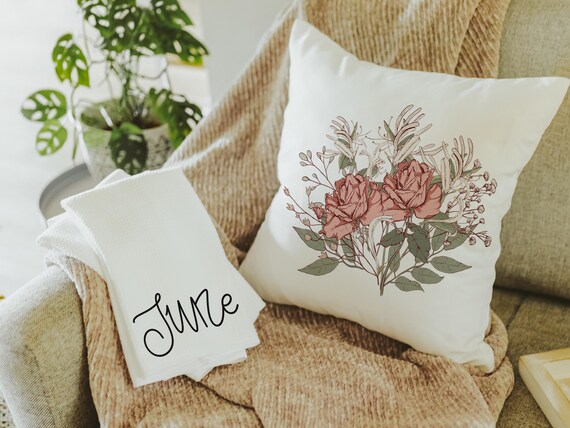 june birthday kitchen towel, muted colors cottage roses throw pillow for bedroom, June birth month flower gifts for Mom, honeysuckle decor