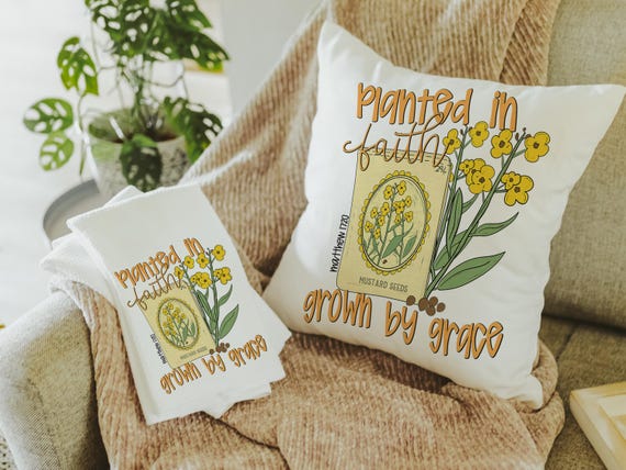 planted in faith Matthew 17:20 Bible verse throw pillows for couch religious hand towels for powder room, Christian Christmas gifts for