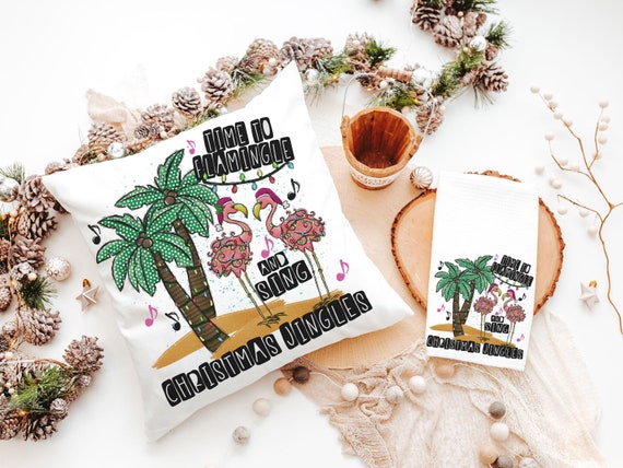 flamingle and jingle flamingo Christmas throw pillows for sofa, white elephant gifts funny Christmas kitchen towels, palm tree Christmas