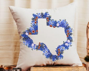 floral Texas throw pillow for sofa, Texas state flower bluebonnet gifts for women, moving to Texas gifts for her, Texas wildflower pillow