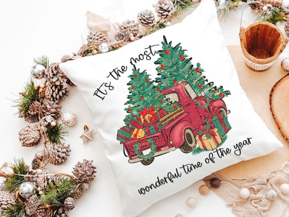 its the most wonderful time of the year Christmas throw pillow for sofa, red truck Christmas decor for home, whimsical Christmas gifts for
