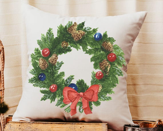 watercolor wreath Christmas throw pillows for couch trendy Christmas pillow covers 18 x 18, cozy Christmas decor for home, Christmas gifts