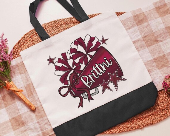 personalized cheer tote bag with name, maroon school pride cheer squad gifts, travel cheer bag for high school, cheerleader gifts from coach