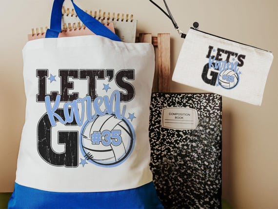Personalized lets go volleyball tote bag & wristlet with zipper
