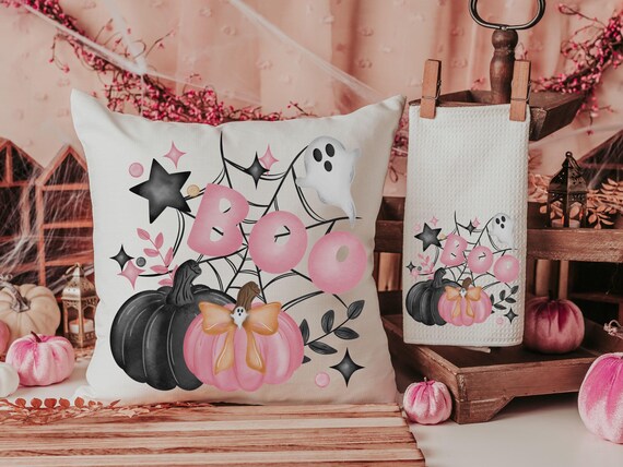 girly goth coquette Halloween throw pillow covers 18 x 18, pink pumpkin kitchen towels, boo basket stuffers for adults, cute Halloween decor
