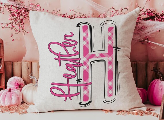 Personalized Pink Plaid Throw Pillow