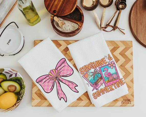 beach coquette hand towels for bathroom, beach house gifts, cute flamingo kitchen decor, pink and orange coastal seashell decor, summer