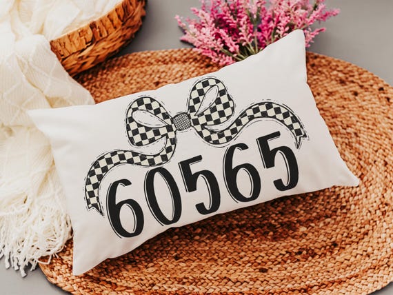 personalized black and white checkered coquette throw pillow for dorm, college gifts for her, custom zip code pillow, college dorm decor for