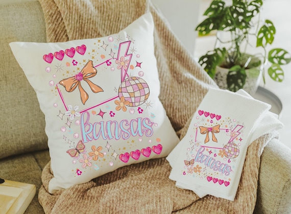 custom Kansas pillows for bed, preppy hand towel bathroom essentials, Kansas gifts, college apartment gifts for girls, coquette throw pillow