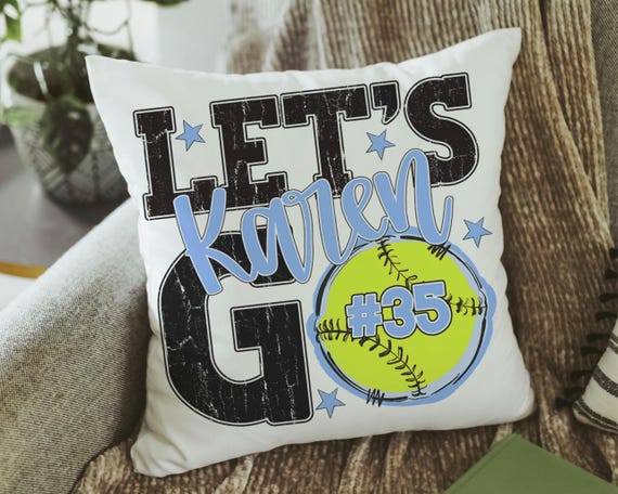 Personalized columbia blue lets go softball pillow