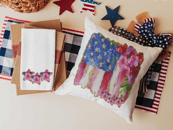 watercolor American flag throw pillow for porch swing, floral kitchen towels, 4th of July decor patriotic gifts for women, military wife