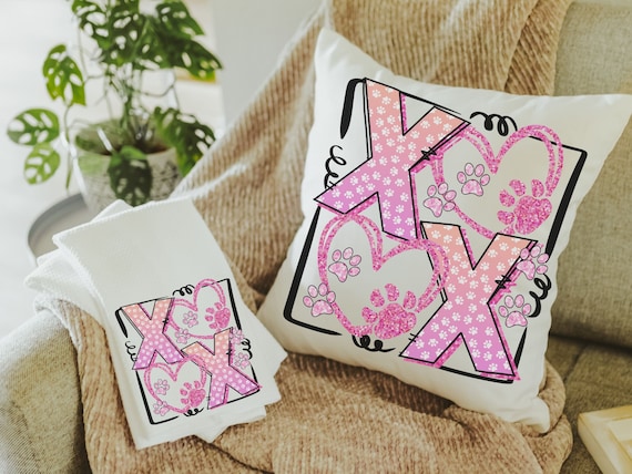 xoxo throw pillow for sofa, pink paw print pillow covers 18 x 18, dog mom gift, dog decor for home, Galentines day gifts for best friend