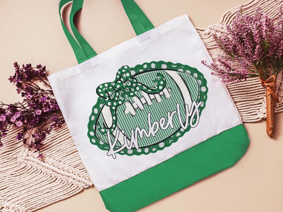 personalized green seersucker football tote bag for cheer Christmas gifts for cheerleaders, green school spirit tote bags for football mom