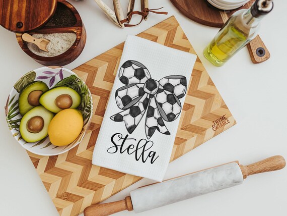 personalized soccer coquette kitchen towels for gifts, soccer bathroom decor, soccer gifts for kids, soccer senior gifts for girls, rally