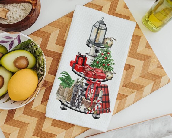 greenery Christmas kitchen towel for women, buffalo plaid Christmas hand towels for bathroom farmhouse Christmas gift for her, secret Santa