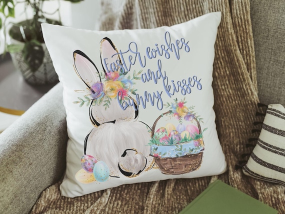 Easter wishes and bunny kisses Easter throw pillows for kids playroom, floral Easter bunny butt decorative pillows for children, cute Easter